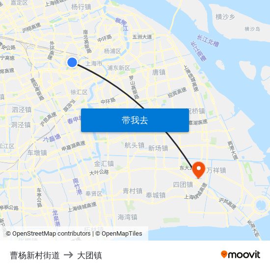 曹杨新村街道 to 大团镇 map