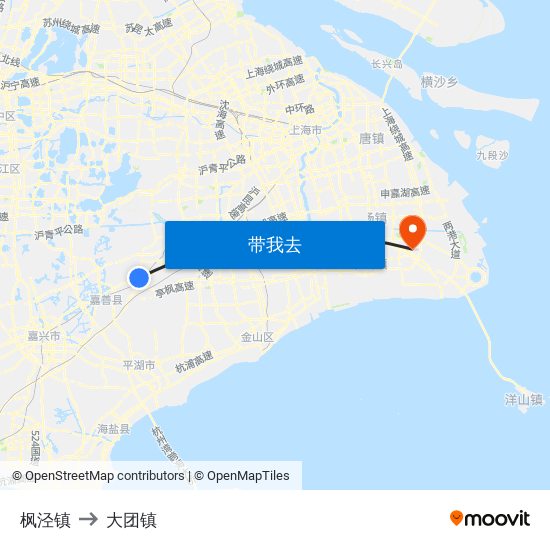 枫泾镇 to 大团镇 map