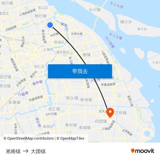 淞南镇 to 大团镇 map