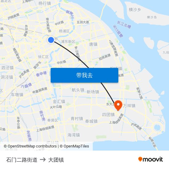 石门二路街道 to 大团镇 map