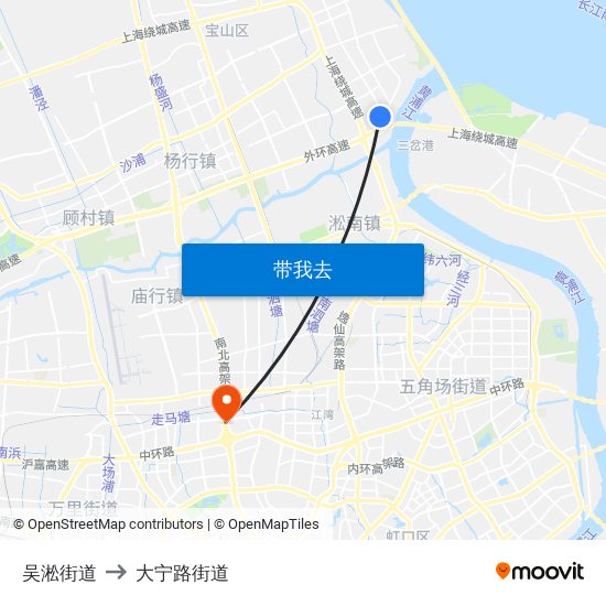 吴淞街道 to 大宁路街道 map