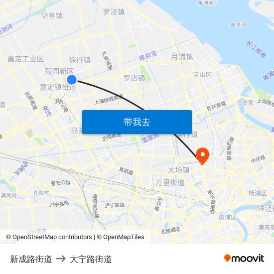 新成路街道 to 大宁路街道 map