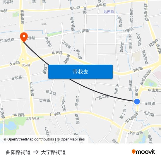 曲阳路街道 to 大宁路街道 map