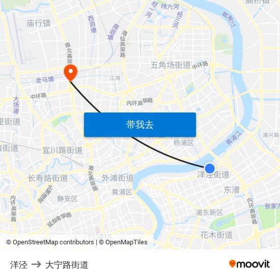 洋泾 to 大宁路街道 map