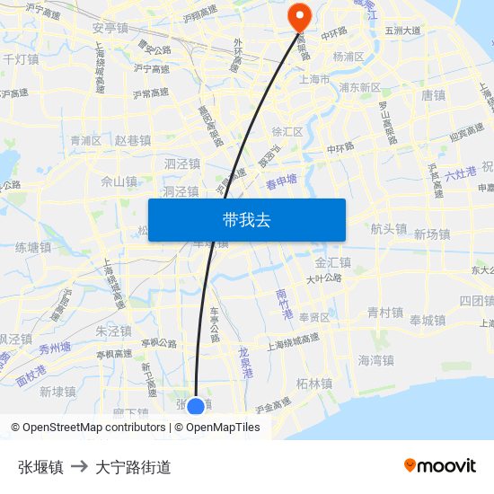 张堰镇 to 大宁路街道 map