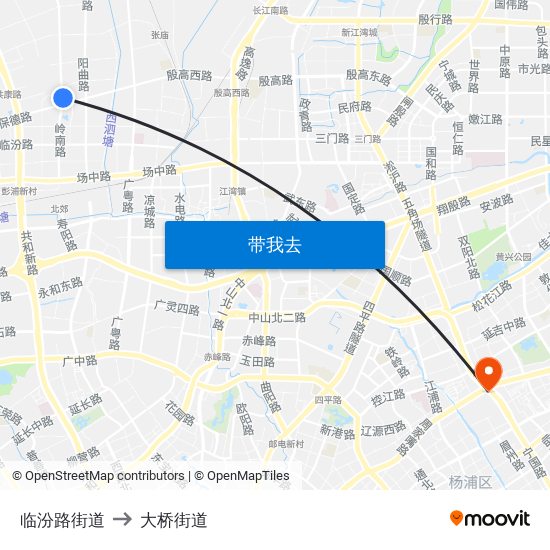 临汾路街道 to 大桥街道 map