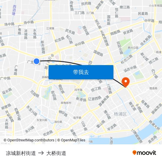 凉城新村街道 to 大桥街道 map