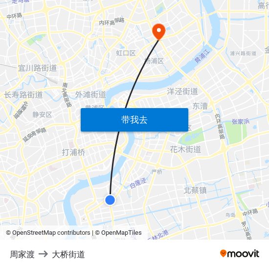 周家渡 to 大桥街道 map