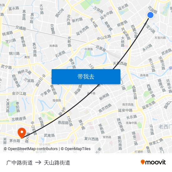 广中路街道 to 天山路街道 map