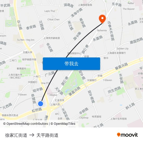 徐家汇街道 to 天平路街道 map