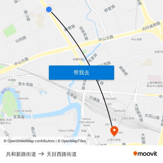 共和新路街道 to 天目西路街道 map