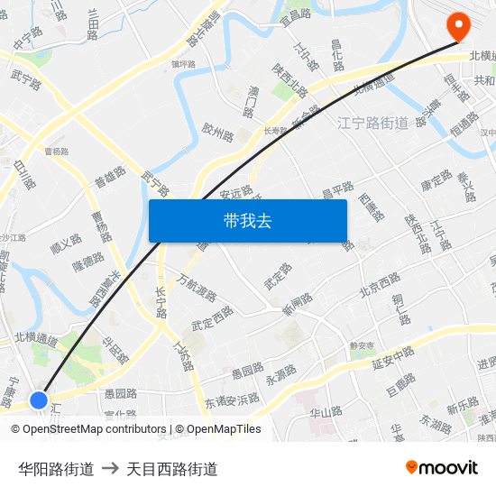 华阳路街道 to 天目西路街道 map