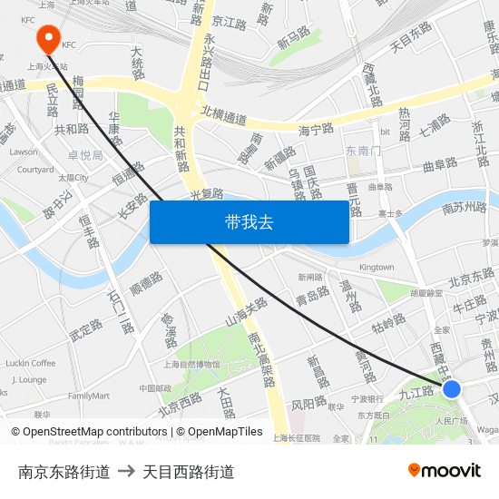 南京东路街道 to 天目西路街道 map