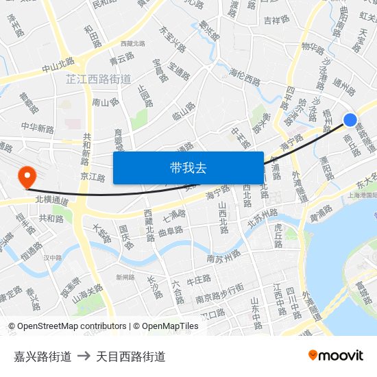 嘉兴路街道 to 天目西路街道 map