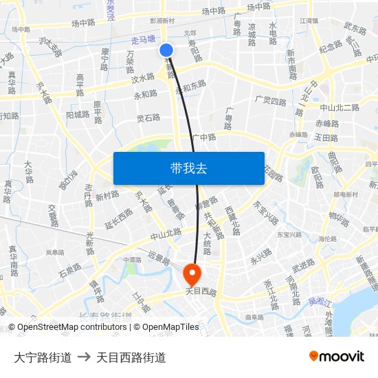 大宁路街道 to 天目西路街道 map