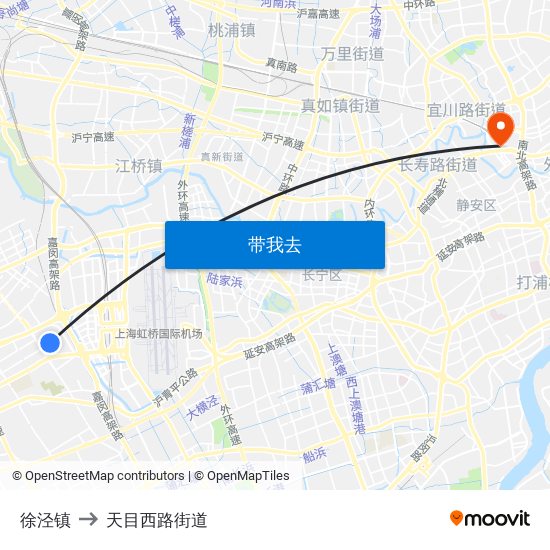 徐泾镇 to 天目西路街道 map