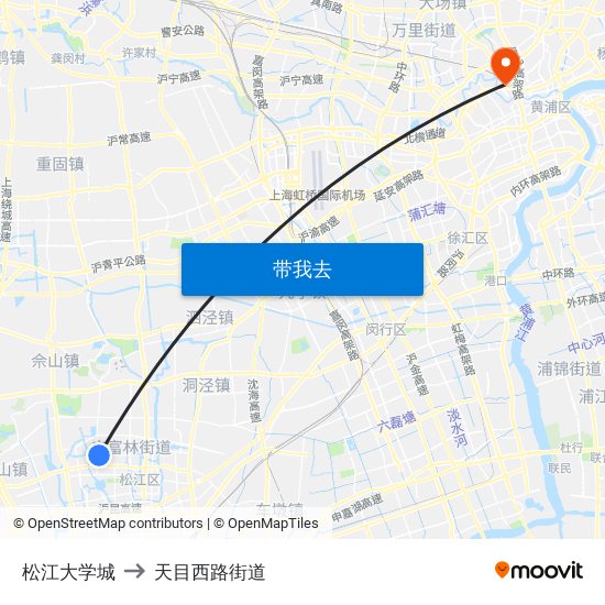 松江大学城 to 天目西路街道 map