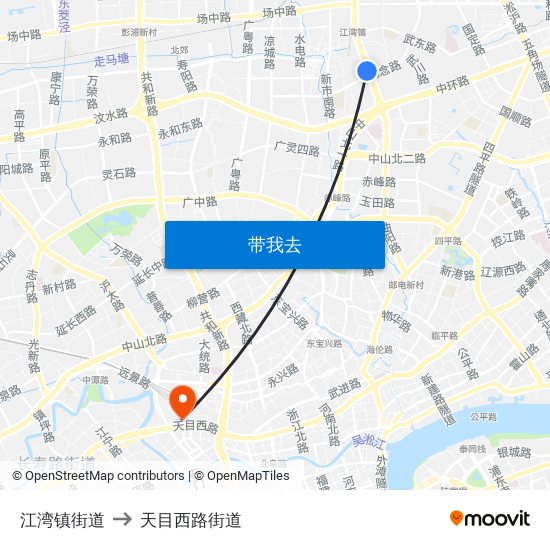 江湾镇街道 to 天目西路街道 map