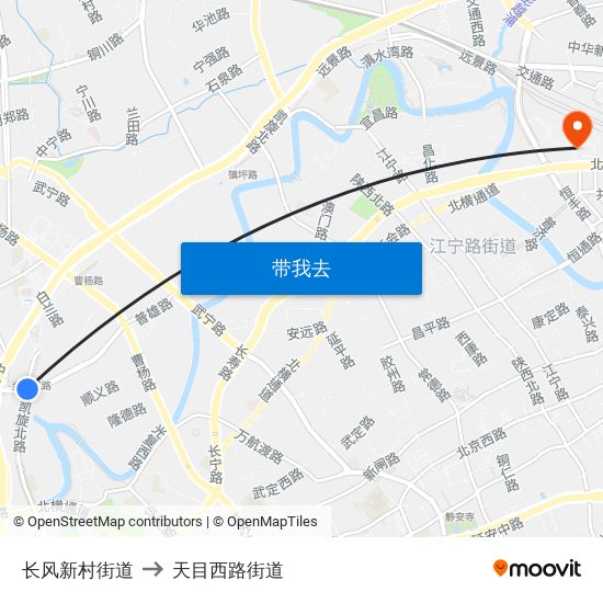 长风新村街道 to 天目西路街道 map