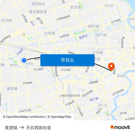 黄渡镇 to 天目西路街道 map