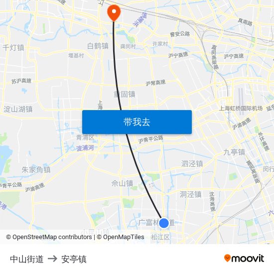 中山街道 to 安亭镇 map