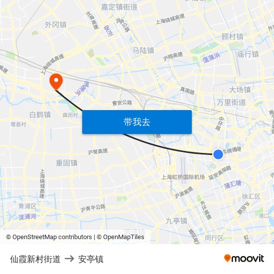 仙霞新村街道 to 安亭镇 map