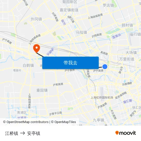 江桥镇 to 安亭镇 map