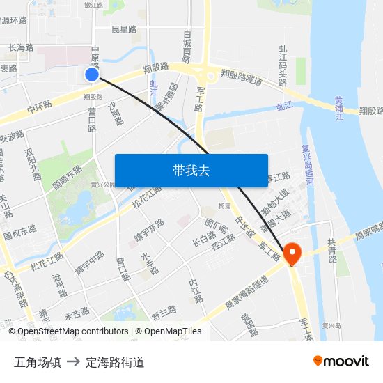 五角场镇 to 定海路街道 map