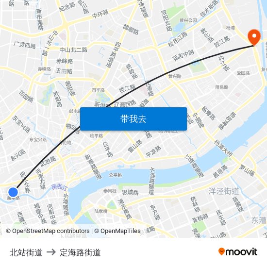 北站街道 to 定海路街道 map