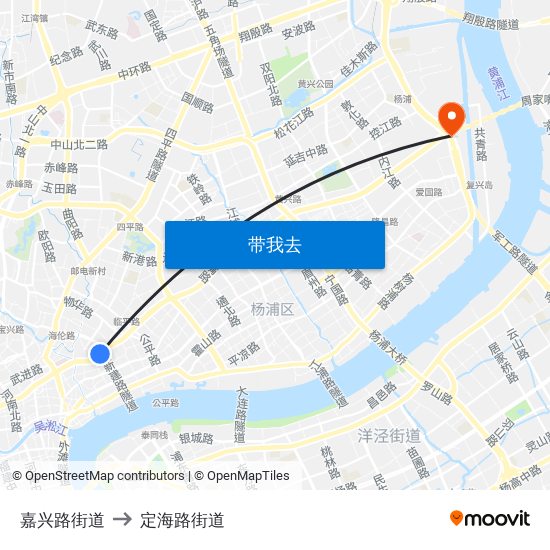 嘉兴路街道 to 定海路街道 map