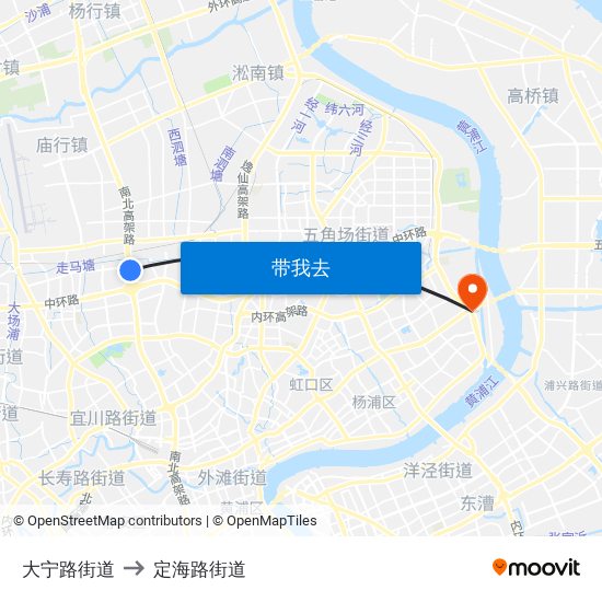 大宁路街道 to 定海路街道 map