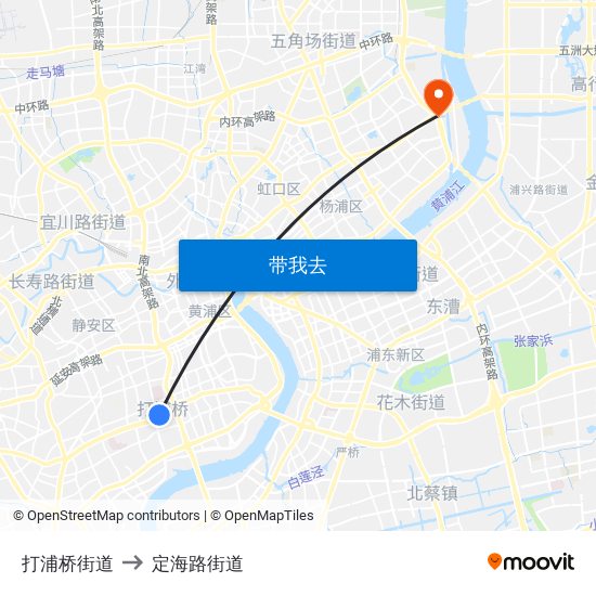 打浦桥街道 to 定海路街道 map