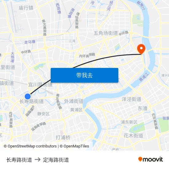 长寿路街道 to 定海路街道 map