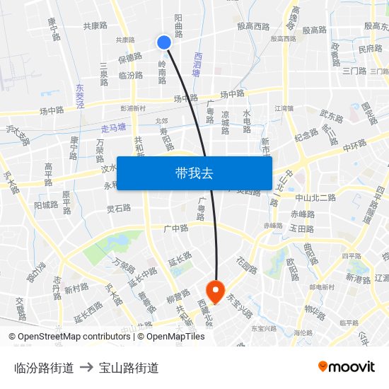 临汾路街道 to 宝山路街道 map