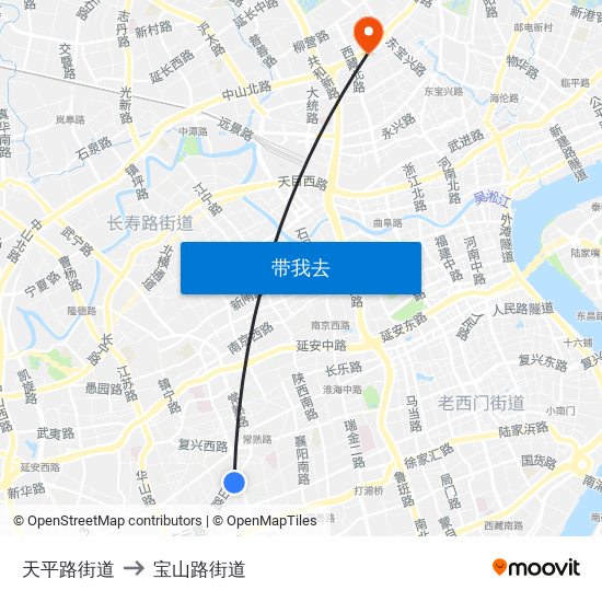 天平路街道 to 宝山路街道 map