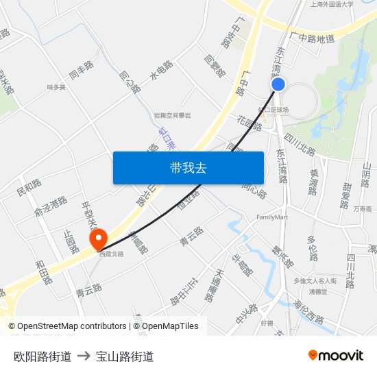 欧阳路街道 to 宝山路街道 map