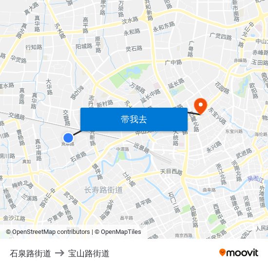 石泉路街道 to 宝山路街道 map