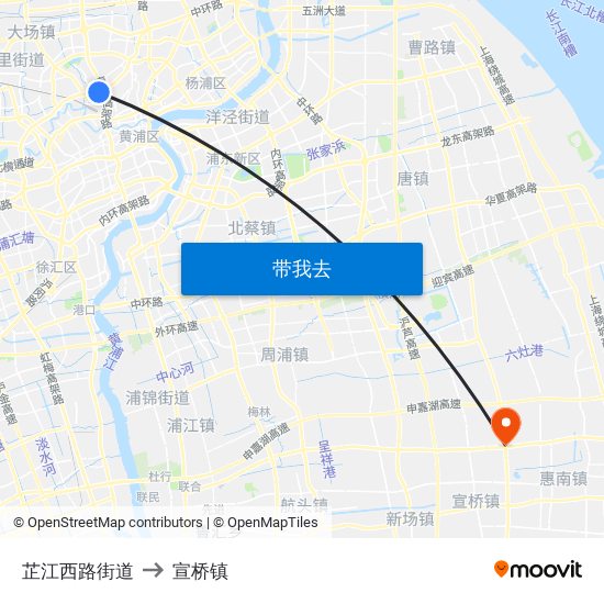 芷江西路街道 to 宣桥镇 map