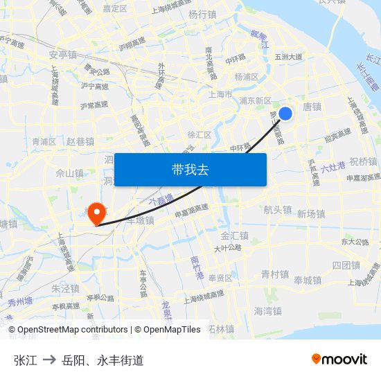 张江 to 岳阳、永丰街道 map