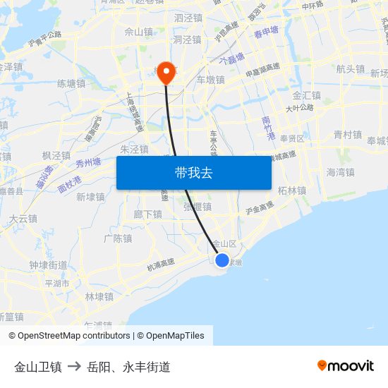 金山卫镇 to 岳阳、永丰街道 map