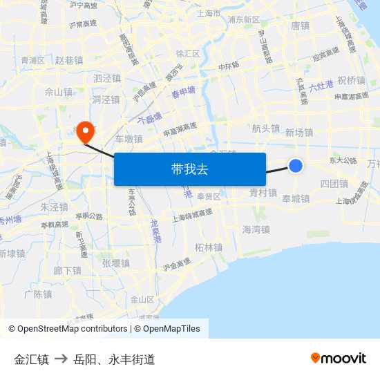 金汇镇 to 岳阳、永丰街道 map