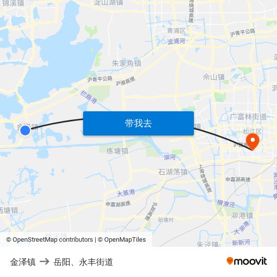 金泽镇 to 岳阳、永丰街道 map