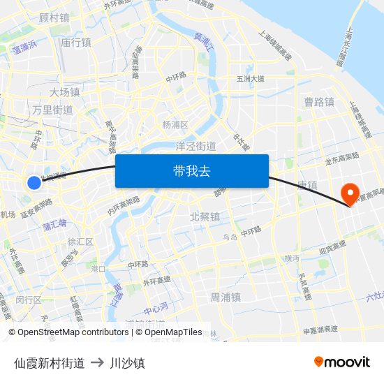 仙霞新村街道 to 川沙镇 map