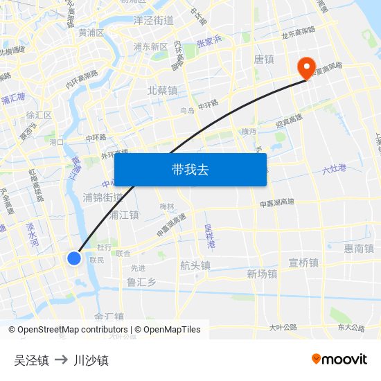 吴泾镇 to 川沙镇 map