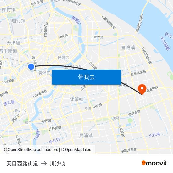 天目西路街道 to 川沙镇 map