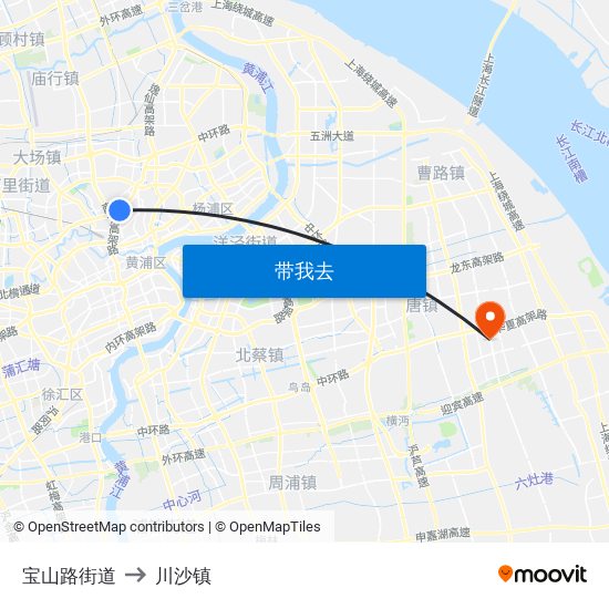 宝山路街道 to 川沙镇 map