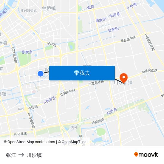 张江 to 川沙镇 map