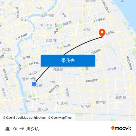 浦江镇 to 川沙镇 map