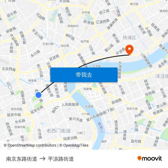 南京东路街道 to 平凉路街道 map