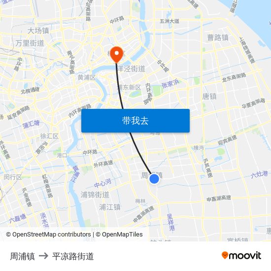 周浦镇 to 平凉路街道 map